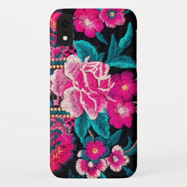 Funda De Case-Mate Para iPhone Aspecto bordado boho floral rosa negro (Reverso)