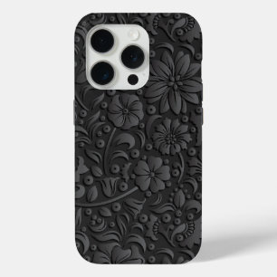 Funda Para iPhone 15 Pro Aspecto grabado en relieve del patrón floral negro