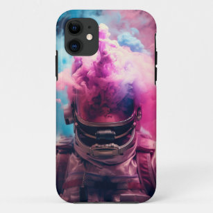 Funda Para iPhone 11 Astronauta con una nube de humo rosa y azul