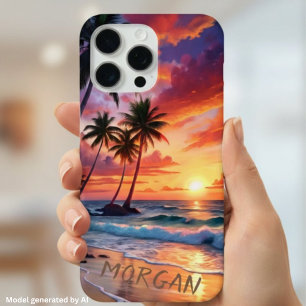 Funda Para iPhone 15 Pro Max Atardecer personalizado en la playa tropical Art