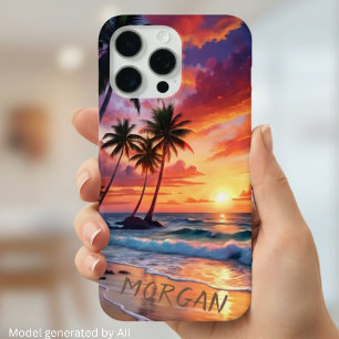 Funda Para iPhone 15 Pro Max Atardecer personalizado en la playa tropical Art