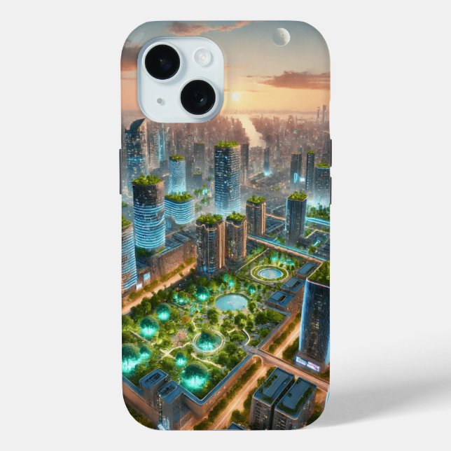 Funda De Case-Mate Para iPhone Atardecer sobre la metrópolis verde (Reverso )