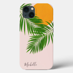 Funda Para iPhone 13 Atardecer Tropical Retro Hojas de Palma Minimalist