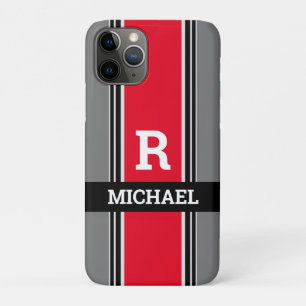 Funda Para iPhone 11 Pro Audaz Monograma y Nombre, Rayas Gris Rojas y Negro