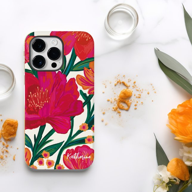 Funda De Case-Mate Para iPhone Audaz nombre floral rosa y naranja Personalizado (Subido por el creador)