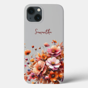 Funda Para iPhone 13 Autumn Wild Flowers Brown Rosa Nombre personalizad