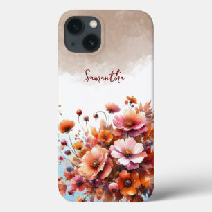 Funda Para iPhone 13 Autumn Wild Flowers Brown Rosa Nombre personalizad