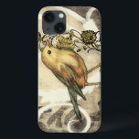 Funda Para iPhone 13 Ave amarilla y verde en fondo vintage<br><div class="desc">Esta mezcla de pintura y dibujo representa un primer plano de un pájaro amarillo y verde sobre un simple fondo negro y beige. Las líneas blancas del fondo añaden un tono vintage. Esta imagen encajaría perfectamente en cualquier producto Zazzle de personalizable.</div>