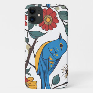 Funda Para iPhone 11 Ave azul y arte folclórico de flores silvestres
