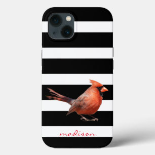 Funda Para iPhone 13 ¡Ave Lover! Cardenal rojo en franjas de B&W, con n