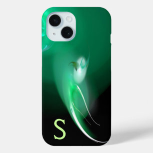 FUNDA PARA iPhone 15 AVES CLAROS / MONOGRAMA ABSTRACTO NEGRO Y VERDE