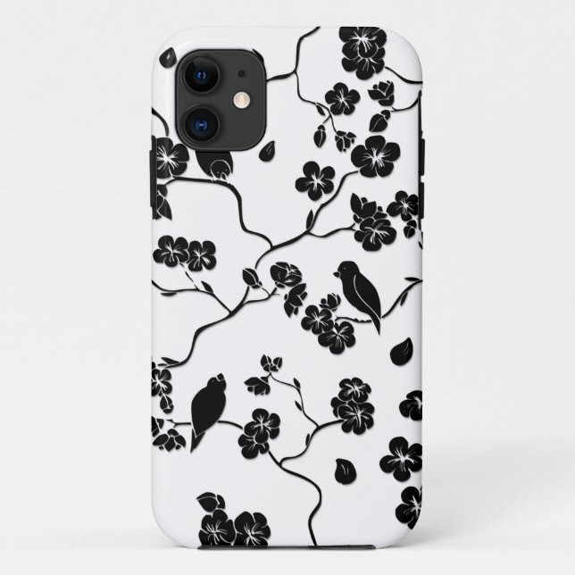 Funda De Case-Mate Para iPhone Aves con motivos blancos y negros en flores de cer (Reverso)