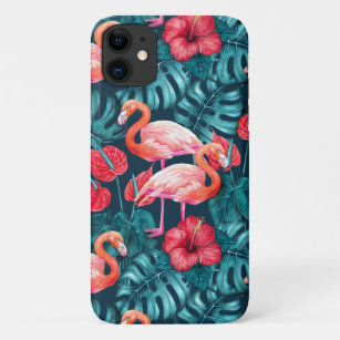 Funda Para iPhone 11 Aves flamencas y acuarela de jardines tropicales