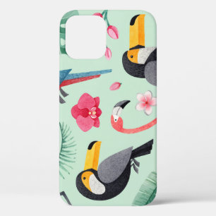 Funda Para iPhone 12 Aves tropicales, flores, acuarela.