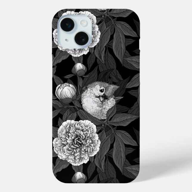 Funda De Case-Mate Para iPhone Aves y flores de peonía monocromas, grises (Reverso )