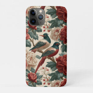 Funda Para iPhone 11 Pro Aves y flores de peonía rojas Vintage Chinoiserie