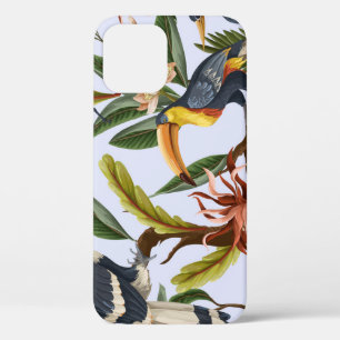 Funda Para iPhone 12 Aves y Flores: Patrón Vintage tropical.