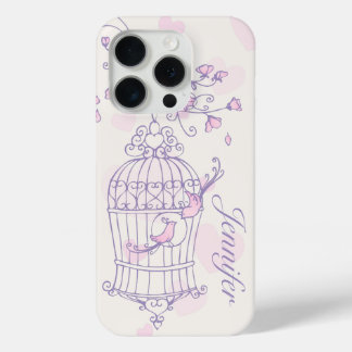 Funda Para iPhone 15 Pro Aves y jaula rosa y púrpura nombre caso de iphone