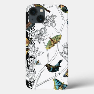 Funda Para iPhone 13 Aves y mariposa en un fondo blanco y negro