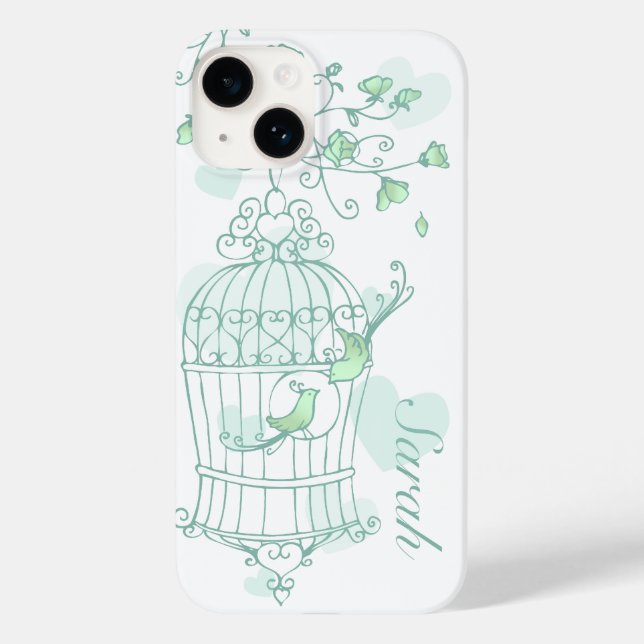 Funda De Case-Mate Para iPhone Aves y menta en jaula nombre verde agua (Reverso )
