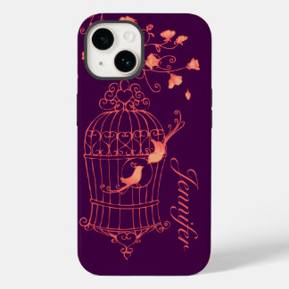 Funda Para iPhone 14 De Case-Mate Aves y naranja de jaulas y nombre morado