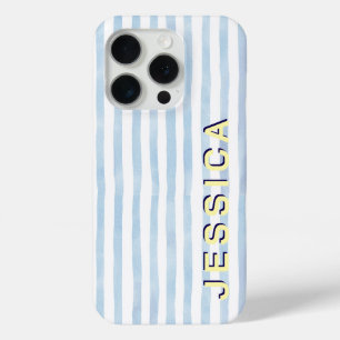 Funda Para iPhone 15 Pro Azul a Rayas Nombre Personalizado Preppy