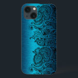 Funda Para iPhone 13 Azul Aqua Metálico Con Lace De Paisley Negro<br><div class="desc">Aluminio de aluminio cepillado de diseño metálico azul acuático negro con encaje paisley floral negro.</div>