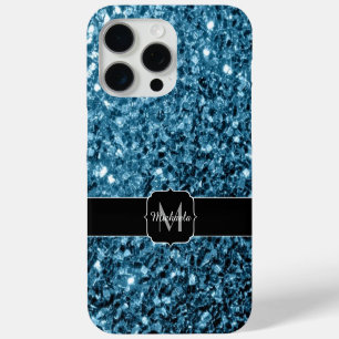 Funda Para iPhone 15 Pro Max Azul bebé monograma de purpurina falsa brilla