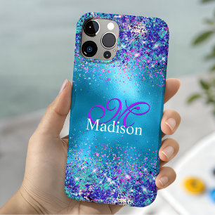 Funda Para iPhone 11 Pro Azul chic monograma de brillo iridiscente rosa