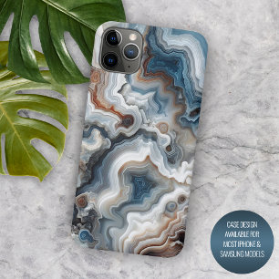 Funda Para iPhone 11 Pro Max Azul Elegante Patrón de Ágata de Cuarzo Gris Marró