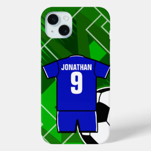 Funda Para iPhone 15 Mini Azul Jersey de fútbol personalizado con blanco