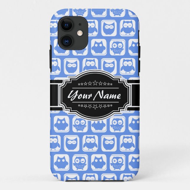 Funda De Case-Mate Para iPhone Azul Lechuza Negra Nombre Personalizado (Reverso)