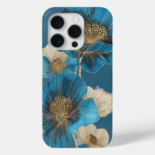 Funda Para iPhone 15 Pro Azul Línea de Oro Arte Amapola Botánica Floral