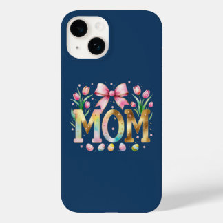 Funda Para iPhone 14 De Case-Mate Azul Marino Floral Tipografía de Mamá con Tulipane