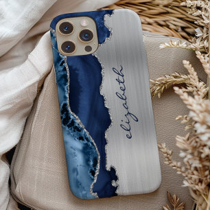 Funda Para iPhone 11 Pro Azul Marino Moderno Plateado Agatado Metálico