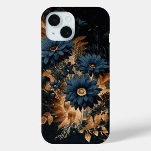 Funda Para iPhone 15 Azul Marino Oscuro y Dorado Floral Rústico Glam Bo