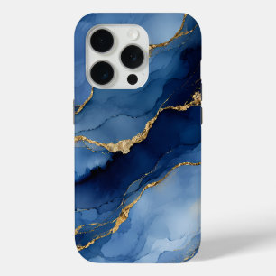Funda Para iPhone 15 Pro Azul Marino Profundo y Textura de Ágata con Tinta