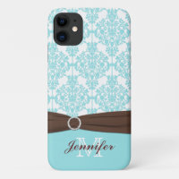 Azul personalizado, marrón, blanco Damask iPhone 1