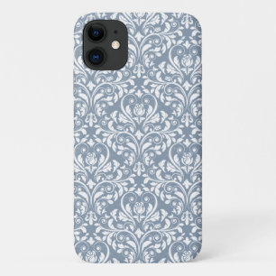 Funda Para iPhone 11 Azul Polvoriento Antiguo y Patrón de Damasco Flora