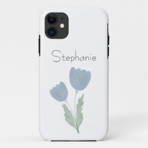 Funda Para iPhone 11 Azul Polvoriento Simple Floral Aquarela Tu Nombre