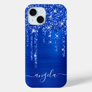 Funda Para iPhone 15 Azul Real Brillo Goteo Glam Femenino Firma