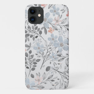 Funda Para iPhone 11 Azul Rosa Gris Floral Botánico Flores Hojas
