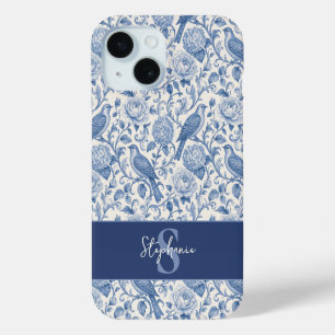 Funda Para iPhone 15 Azul Toile Monograma Nombre Patrón Floral Francés
