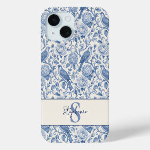 Funda Para iPhone 15 Azul Toile Monograma Nombre Patrón Floral Francés