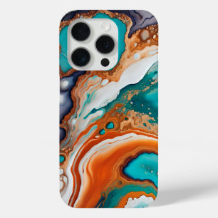 Funda Para iPhone 15 Pro Azul turquesa, óxido y pintura abstracta dorada