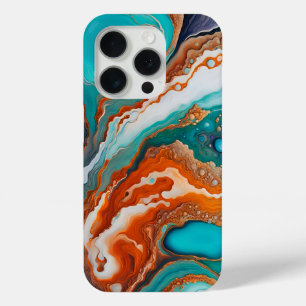 Funda Para iPhone 15 Pro Azul turquesa, óxido y pintura abstracta dorada