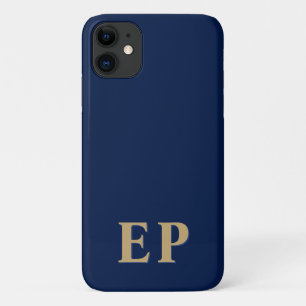 Funda Para iPhone 11 Azul y oro   Monograma inicial mínimo moderno