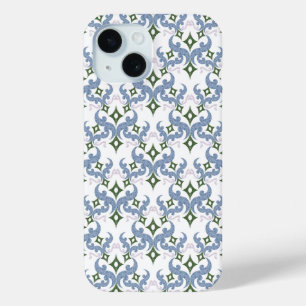 Funda Para iPhone 15 azul y verde damasco ornamento puntillismo