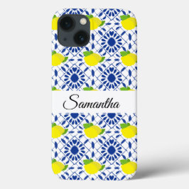 Funda Para iPhone 13 Azulejo de limón geométrico azul