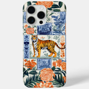 Funda Para iPhone 15 Pro Max Azulejos Antiguos Tigre en el Jardín Pintado